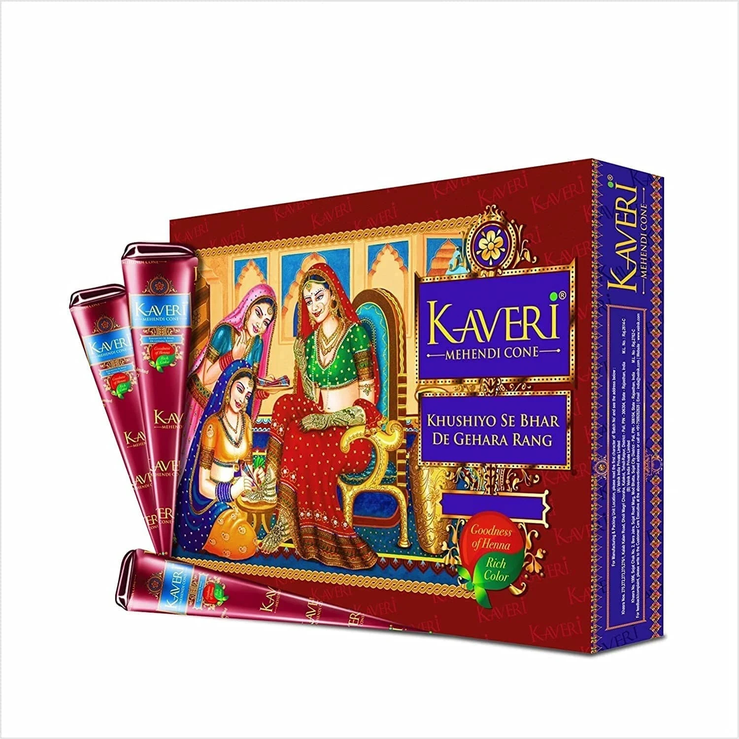 Kaveri Natural Herbal Henna Mehandi Cone - Rajasthani Dark Brown Paste with Nilgiri Oil for Hands, Hair, Bridal & Temporary Tattoos